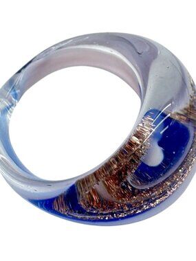 OOAK Handmade Art Glass Statement Ring SZ 8.5 With Swirled Blue & Copper Accent